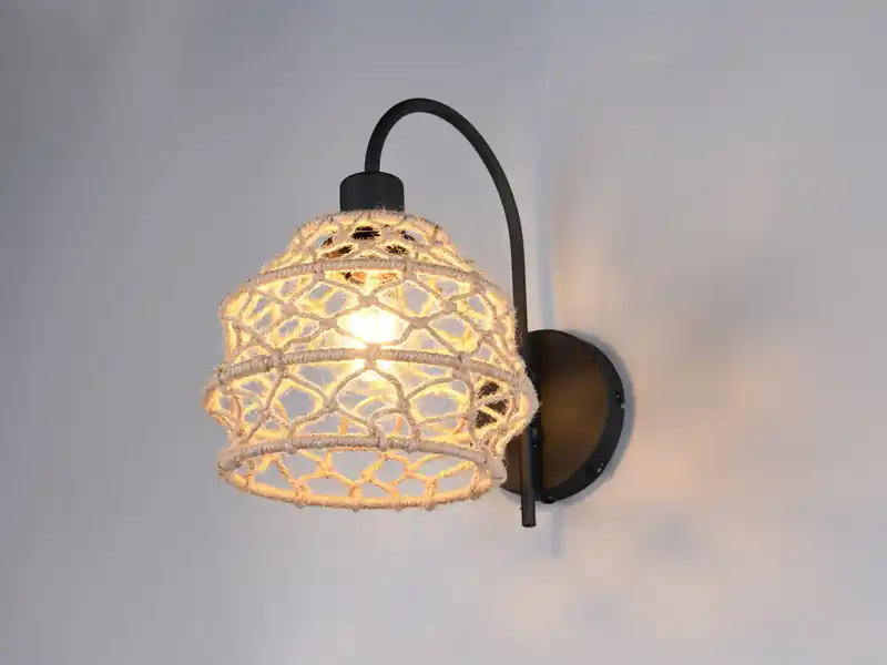 meineWunschleuchte Boho LED Wandleuchte mit Schalter & Lampenschirm geflochten Hanfseil, Höhe 32cm Neu Im Sortiment