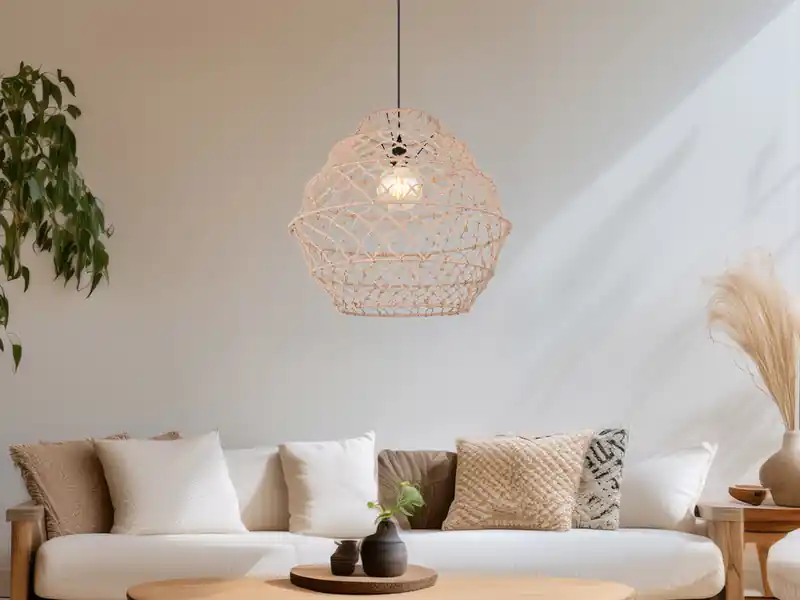 meineWunschleuchte Große LED Boho Pendelleuchte mit Lampenschirm geflochten Hanfseil, Ø 60cm Abverkauf