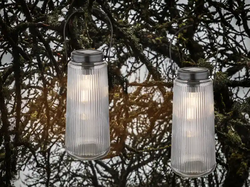 Neue Kollektion meineWunschleuchte 2er Set LED Solarlaternen Rauchglas, hängend oder stehend, Höhe 25cm