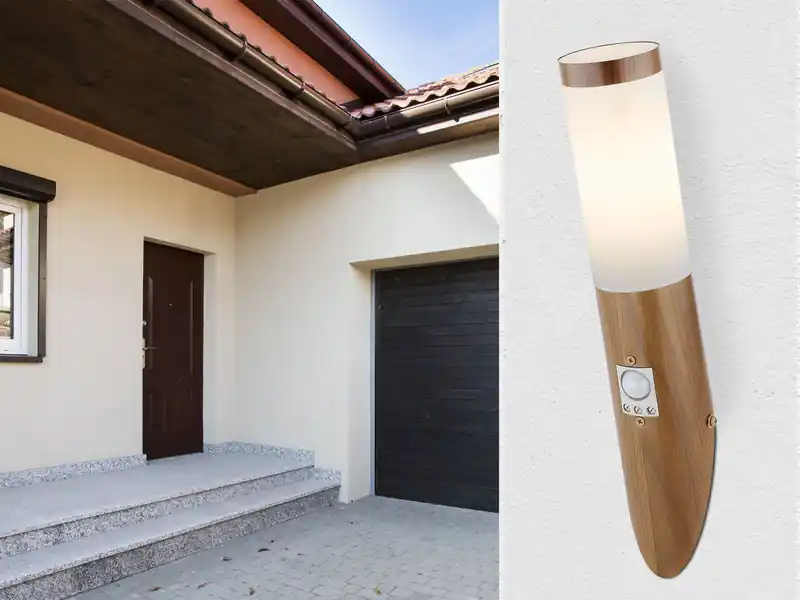 meineWunschleuchte LED Außenwandleuchte in Holzoptik mit Bewegungsmelder, Höhe 40,5cm Gratis Versand