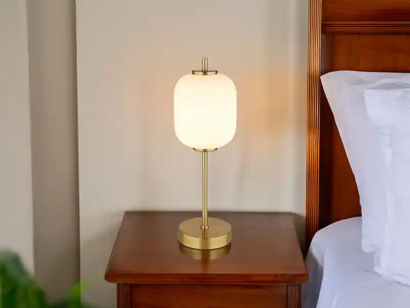 Knallerangebot Globo Große LED Retro Tischleuchte EWALD aus Metall in Messing & Opalglas, Höhe 40cm