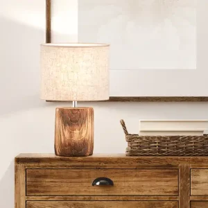 Wochenendangebot meineWunschleuchte LED Tischlampe mit Leinenschirm Beige & Betonfuß Holzoptik, Höhe 35cm