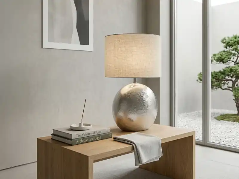 Neue Kollektion meineWunschleuchte LED Tischlampe mit Metallfuß Silber Antik & Leinenschirm Beige, Höhe 51cm