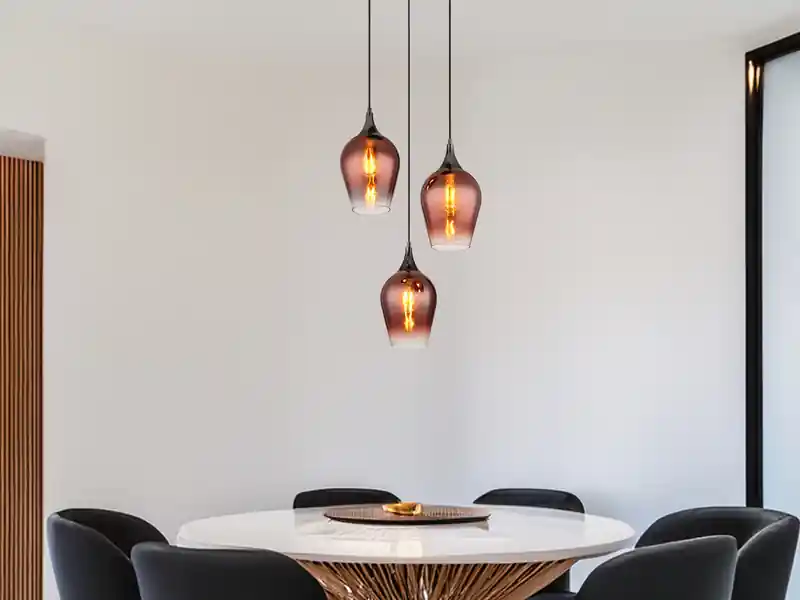 Globo Ausgefallene Pendelleuchte LAVUS mit drei Kupferfarbigen Glasschirmen, Ø 45cm Expressversand