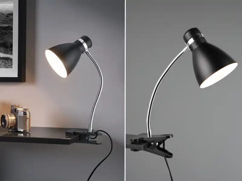 Schneller Versand meineWunschleuchte LED Klemmleuchte flexibel, Chrom & Metallschirm Schwarz, 36cm