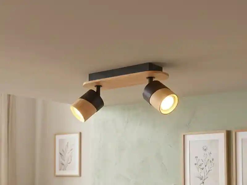 Geprüft Trio Leuchten Deckenstrahler ARUNI 2-flammig, Naturholz & Metall Schwarz, Breite 28cm