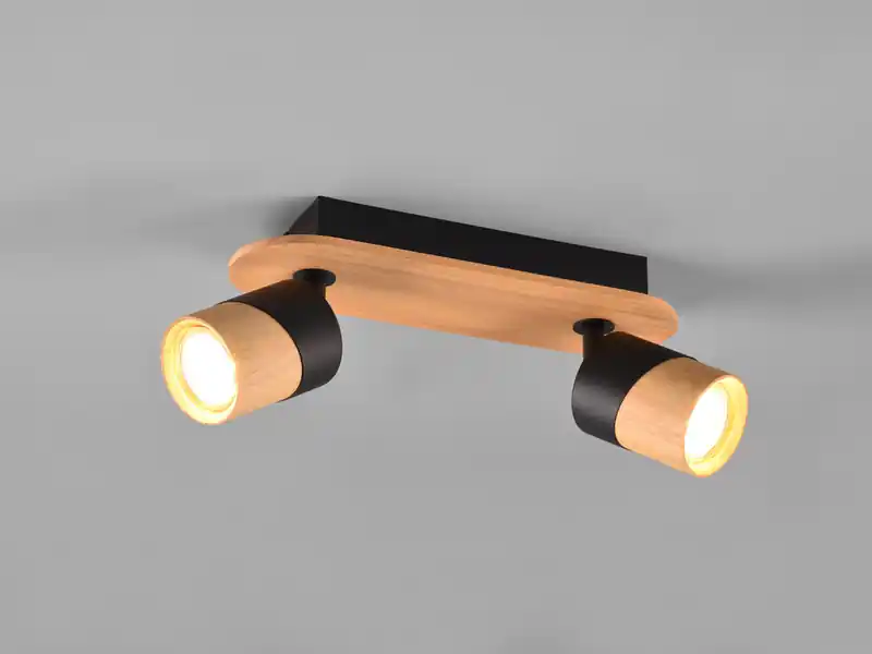 meineWunschleuchte LED Deckenstrahler 2-flammig, Naturholz & Metall Schwarz, Breite 28cm Wochenendangebot