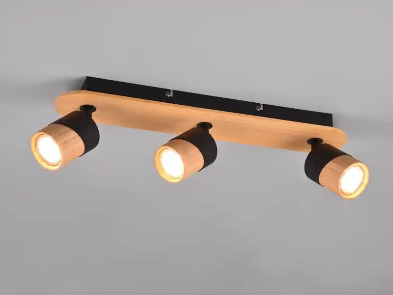 meineWunschleuchte LED Deckenstrahler 3-flammig, Naturholz & Metall Schwarz, Breite 48cm Sichere Zahlung