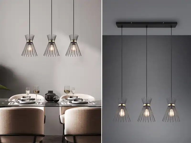 meineWunschleuchte Ausgefallene LED Pendelleuchte 3 Draht Lampenschirme Schwarz-Gold, Breite 82cm Top-Angebot
