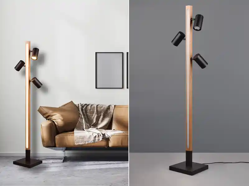meineWunschleuchte LED Stehlampe Holz / Schwarz matt, 3 Spots schwenkbar, Höhe 130cm Beliebt