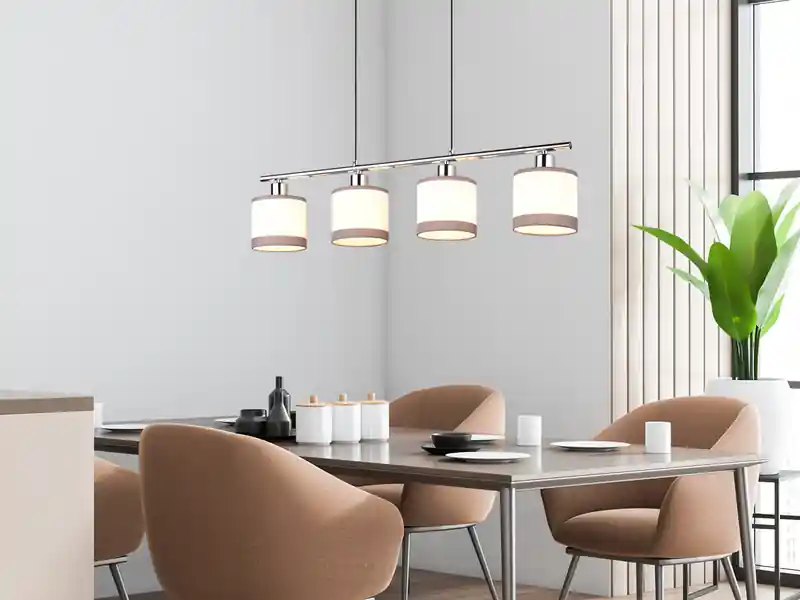 Sonderaktion RL LIVE YOUR LIGHT Balkenpendelleuchte DAVOS 4-flammig mit Stoffschirmen in Weiß/Grau, Breite 75cm