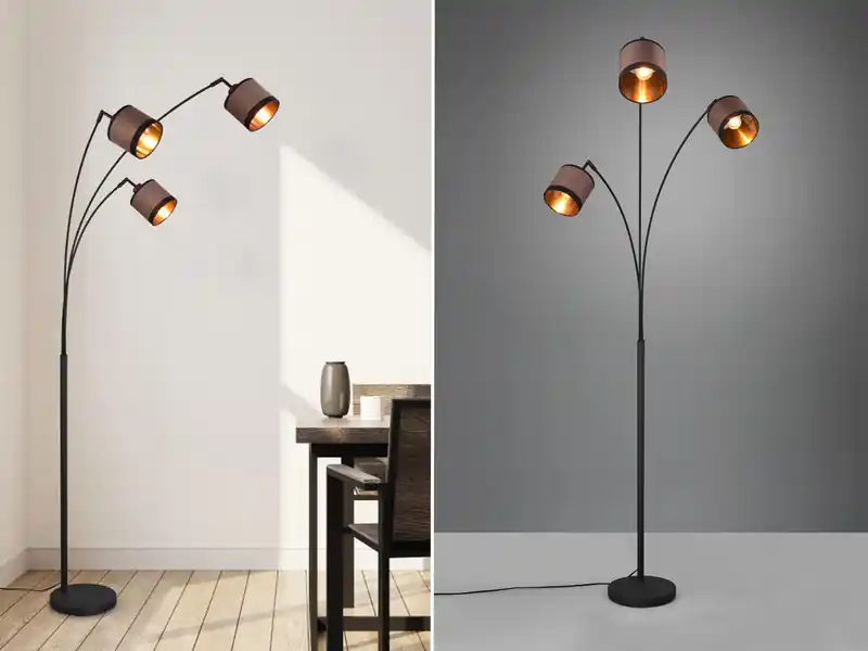 Sonderangebot meineWunschleuchte Große LED Stehleuchte 3-flammig mit Stoffschirmen in Taupe/Gold, Höhe 185cm