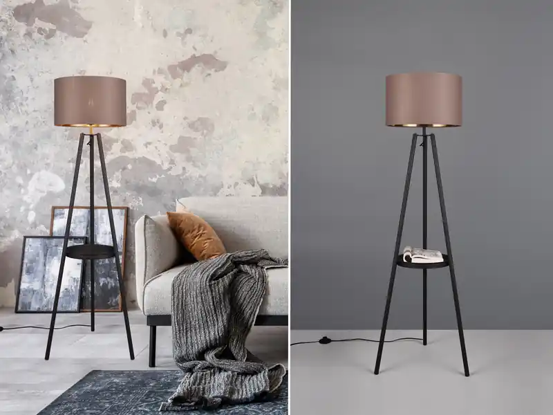 meineWunschleuchte LED Tripod Stehleuchte mit Stoffschirm Taupe/Gold & Ablagetisch, Höhe 152cm Neue Kollektion