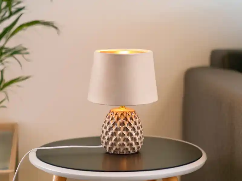 meineWunschleuchte LED Retro Tischleuchte mit Samtschirm in Beige/Gold, Höhe 27cm Nur Für Kurze Zeit