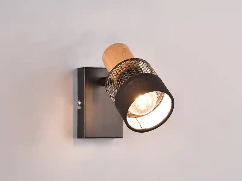 meineWunschleuchte LED Wandstrahler mit Holz & Draht-Stoff Lampenschirm, Breite 7cm Top-Seller