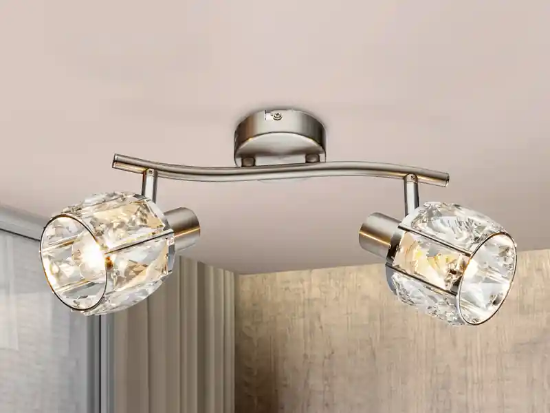Zertifiziert Globo Deckenstrahler KRIS 2-flammig mit Glas Kristallen in Silber, Breite 28cm