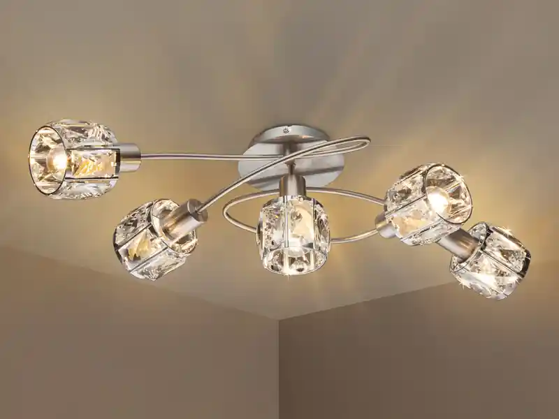 Schneller Versand meineWunschleuchte LED Deckenleuchte 5-flammig mit Glaskristallen Silber matt, Breite 61,5cm