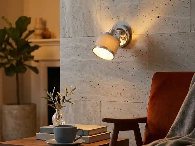 meineWunschleuchte LED Wandstrahler Silber Chrom mit Stoffschirm Grau, Breite 10cm Sofort Bestellen