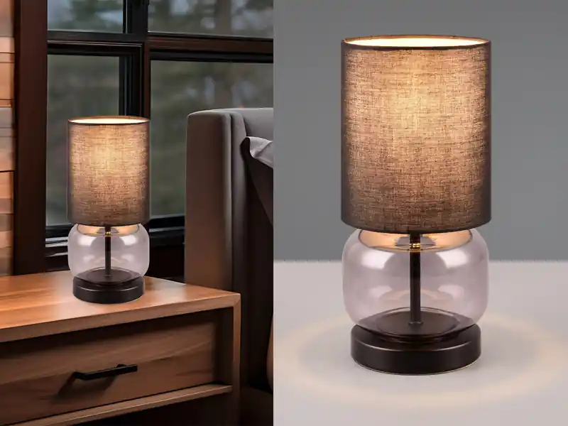 meineWunschleuchte LED Tischleuchte mit Glasfuß Rauchglas und Stoffschirm Schwarz, Höhe 28cm Nur Für Kurze Zeit