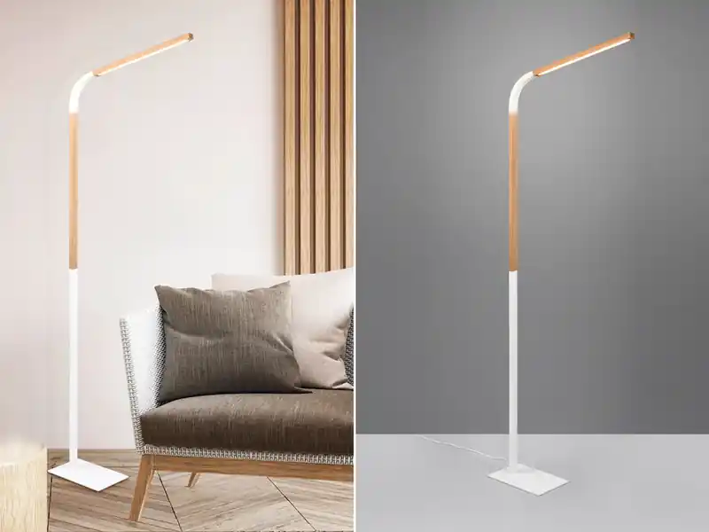 Kostenloser Rückversand Trio Leuchten LED Stehleuchte NORRIS Weiß mit Holzelementen, Höhe 140cm