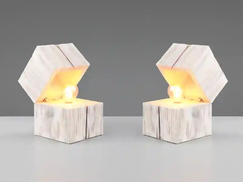 Meistverkauft meineWunschleuchte 2-er SET aufklappbare LED Tischleuchten aus Holz Weiß, Höhe 16cm