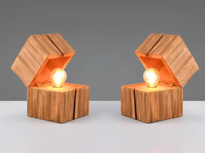 Geprüft meineWunschleuchte 2-er SET aufklappbare LED Tischleuchten aus Holz Natur, Höhe 16cm