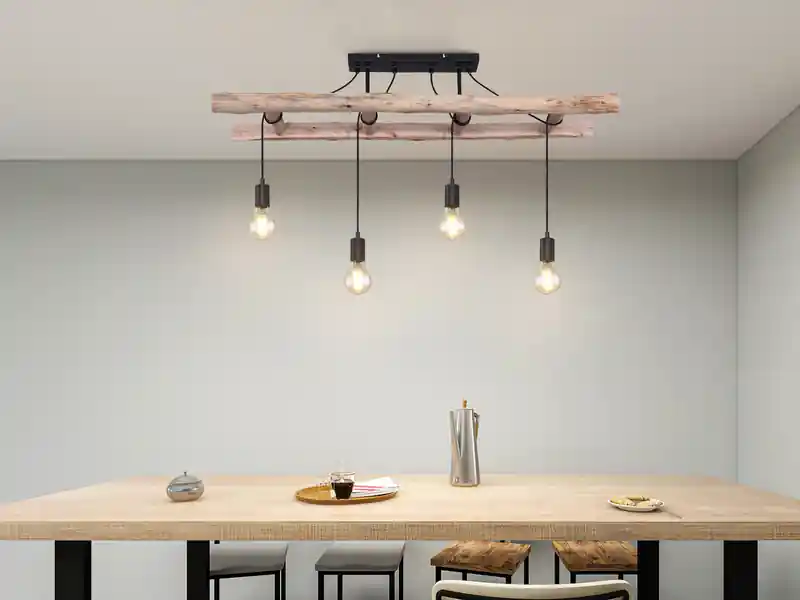 Sonderaktion meineWunschleuchte LED Deckenleuchte 4-flammig mit Leiter Holzbalken, Breite 115cm