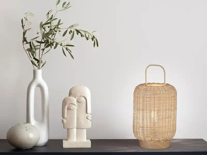 Letzte Chance Fischer & Honsel Tischleuchte NATURE, Laterne aus Holz & Korbgeflecht, Höhe 28,5cm
