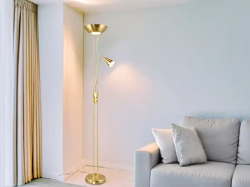 Neu meineWunschleuchte Klassischer LED Deckenfluter mit Leselampe in Messing matt, Höhe 181,5cm