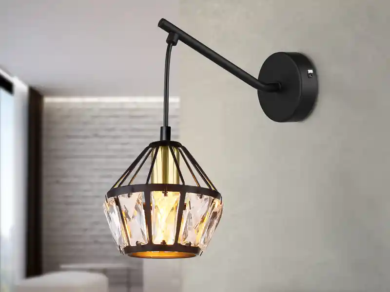Top-Seller meineWunschleuchte LED Wandleuchte mit Glaskristallen Metall Schwarz Gold, Höhe 25cm