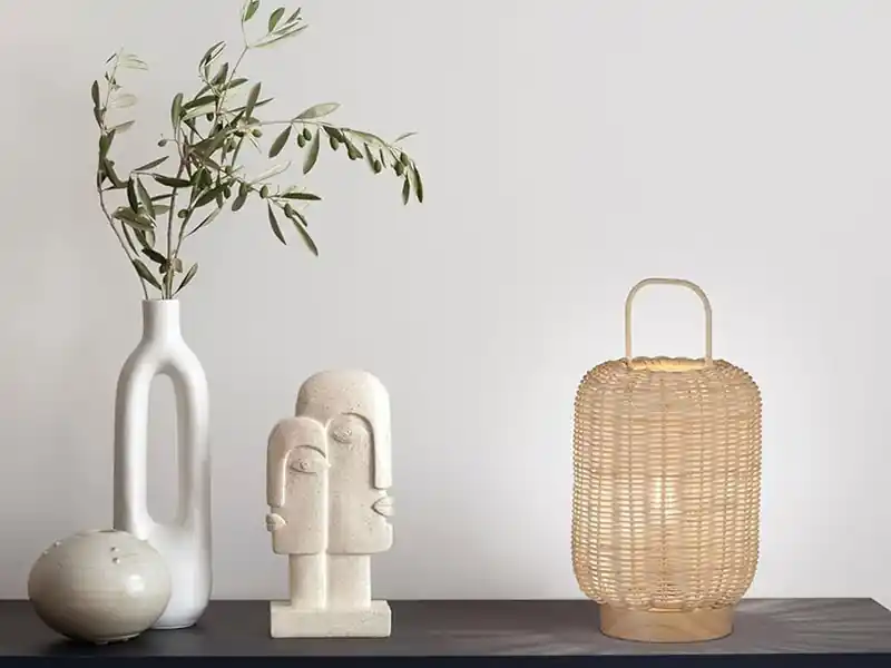 meineWunschleuchte LED Tischlampe dimmbar, Laterne aus Holz & Korbgeflecht, Höhe 28,5cm Preisreduziert
