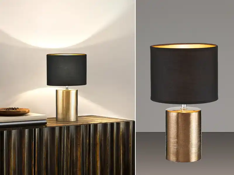 Fischer & Honsel Tischleuchte BRONZ mit Keramikfuß & Stoffschirm Schwarz innen Gold, Höhe 35cm Preiswert