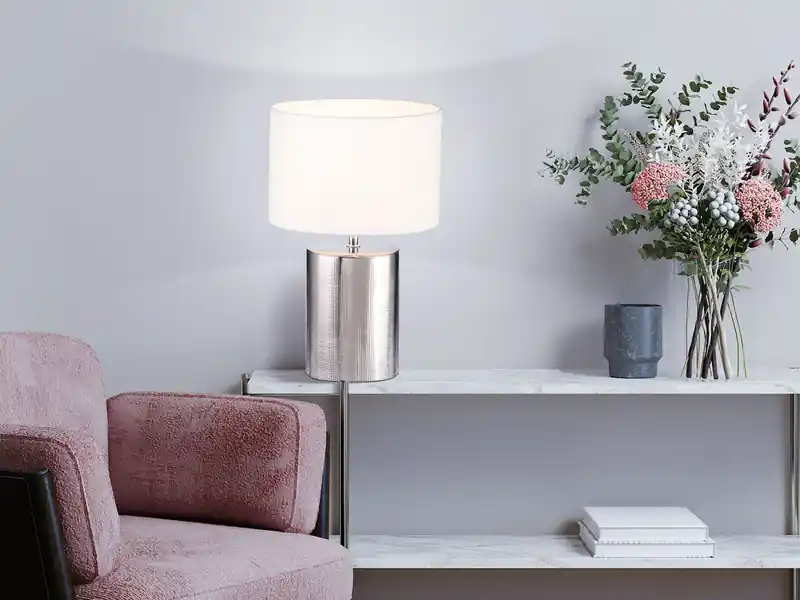 Ausverkauf meineWunschleuchte LED Tischlampe mit Keramikfuß Silber Antik & Stoffschirm Leinen Weiß, Höhe 43cm
