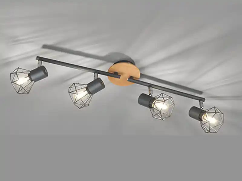 Fischer & Honsel Deckenstrahler RAN Grau / Holz 4-flammig, Gitterlampe schwenkbar, Breite 60cm Nur Heute