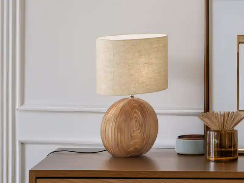 meineWunschleuchte LED Tischlampe mit Keramikfuß Holzfarben & Lampenschirm Leinen Beige, Höhe 53cm Kostenfreie Lieferung
