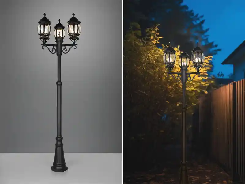 Trio Leuchten Mastleuchte ELVO Laterne 3-flammig Aluminium Schwarz, Höhe 240cm Sichere Zahlung