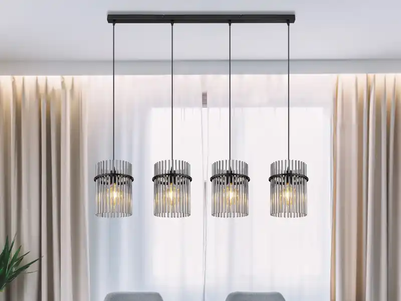 Kostenloser Rückversand Globo Pendelleuchte GORLEY 4-flammig mit Rauchglas Stäben, Breite 110cm