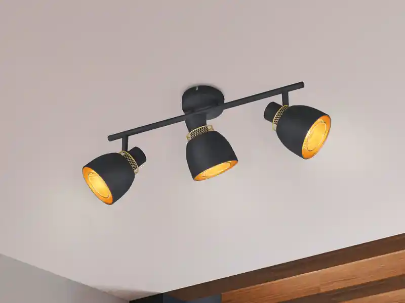 RL LIVE YOUR LIGHT Deckenstrahler PUNCH 3-flammig Schwarz Gold mit Drahtgeflecht, Breite 45cm Highlight