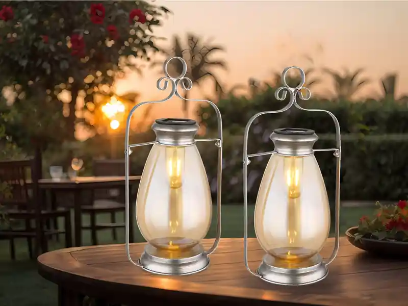 meineWunschleuchte 2er Set LED Solarlaternen Silber mit bernsteinfarbigem Lampenschirm, H 36,5cm Gratis Versand