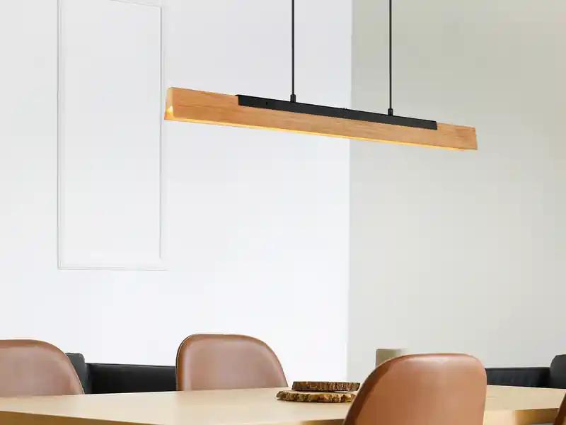 Neu Im Sortiment Trio Leuchten LED Pendelleuchte KERALA dimmbar Holzbrett naturbelassen, Breite 90cm