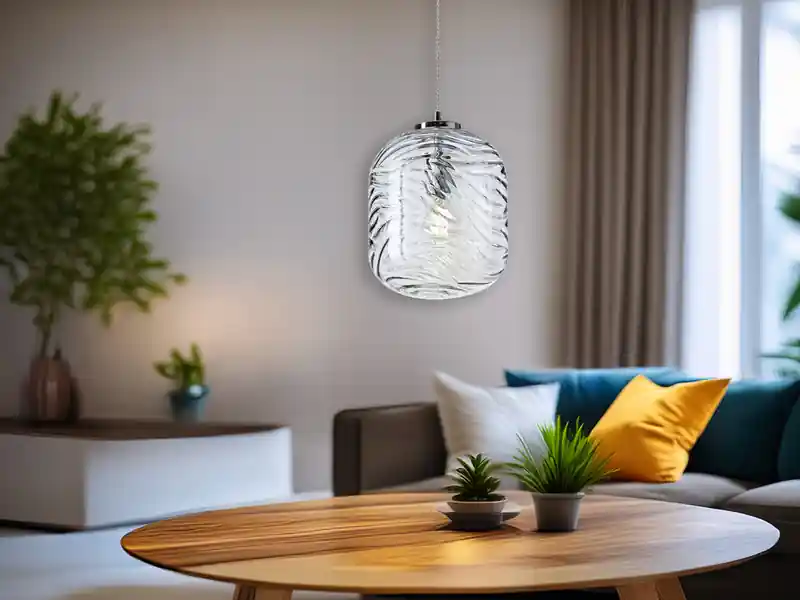 Top-Preis LUCE Design Pendelleuchte NEREIDE einflammig Wellenmuster Glasschirm in Blau, Ø 24,5cm