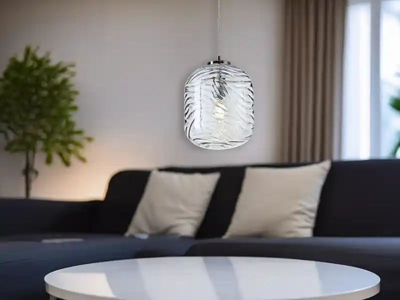 meineWunschleuchte LED Pendelleuchte einflammig Wellenmuster Glasschirm in Blau, Ø 24,5cm Preisknaller
