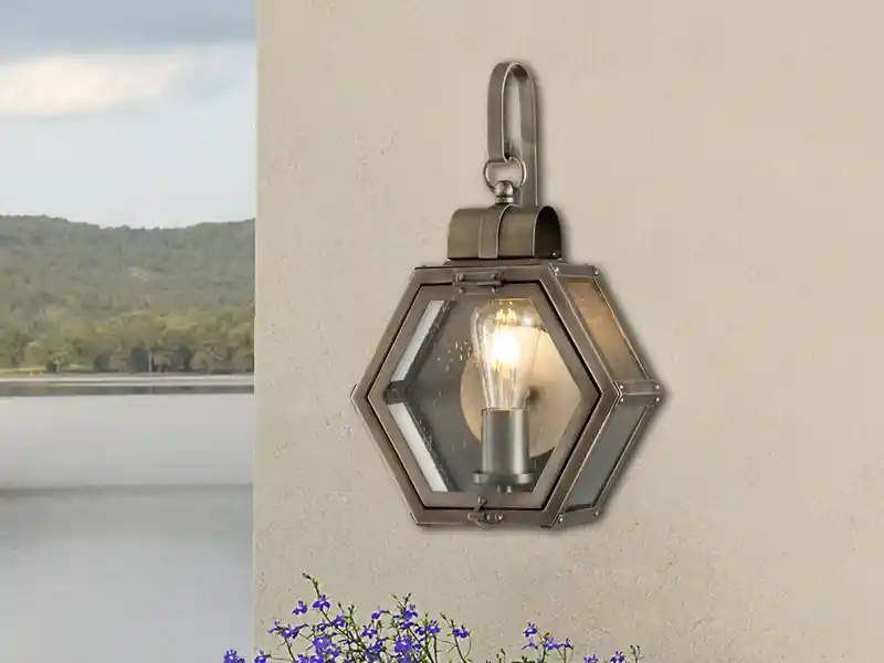 Preisreduziert meineWunschleuchte LED Rustikale Außenwand Laterne hängend sechseckig, Bronze Höhe 42cm