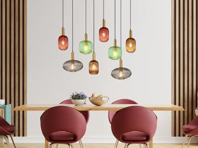 Bestpreis meineWunschleuchte LED Pendelleuchte mehrflammig lang aus Rillenglas Bunt, Breite 125cm