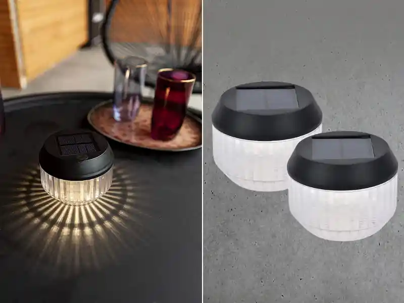 Direktkauf Lutec Kleine Solar Tischleuchte DIVA 2er SET geriffeltes Glas, Ø11cm Höhe 8cm