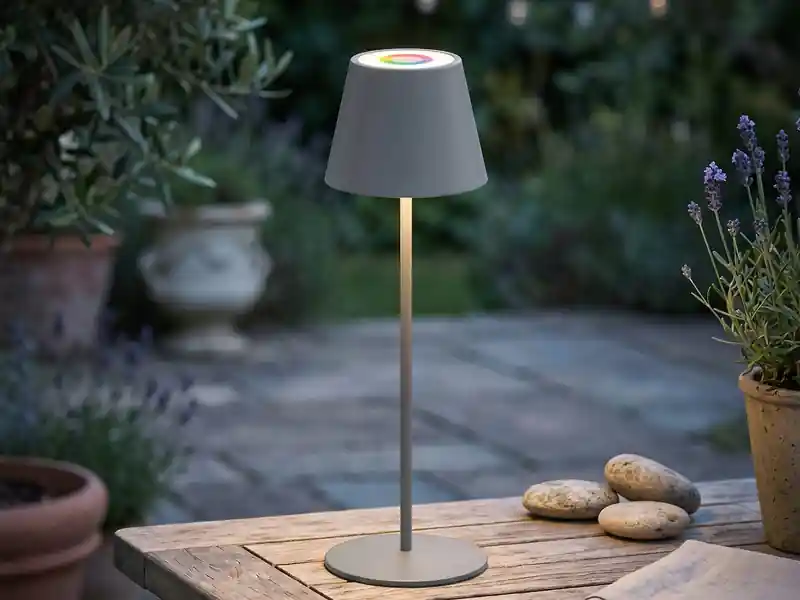 FHL easy Outdoor Akku Tischlampe COSENZA Grau ohne Kabel mit RGB, Höhe 38cm Solange Der Vorrat Reicht