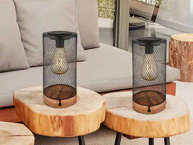 Schneller Versand meineWunschleuchte Solar Tischleuchten 2er SET Drahtgeflecht schwarz mit Holzsockel, Höhe 25,5cm