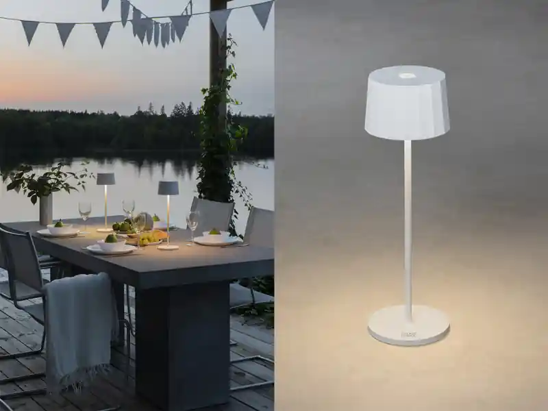 Konstsmide Wiederaufladbare LED Outdoor Akku Tischleuchte POSITANO dimmbar Weiß, Höhe 35cm Beliebt