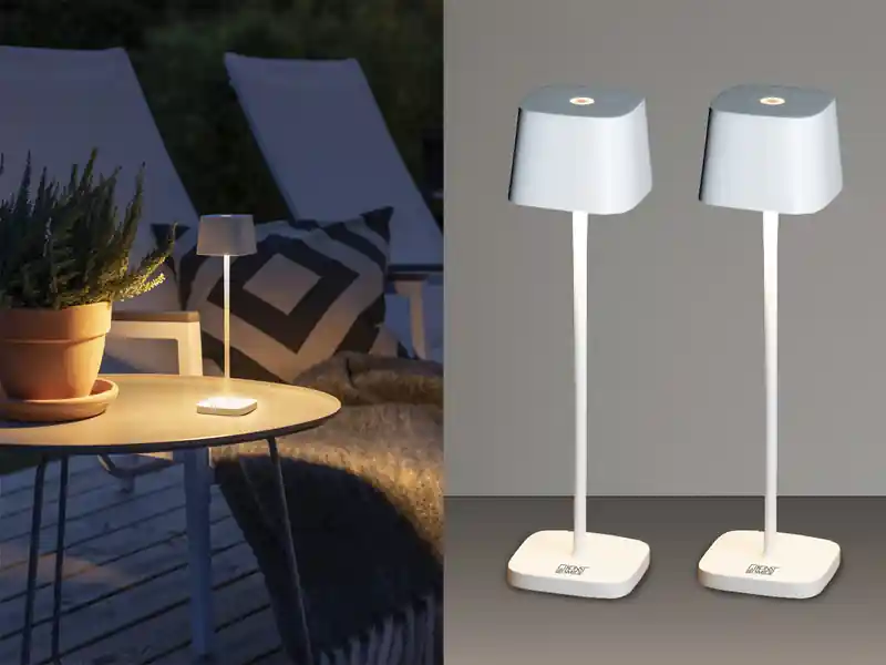 meineWunschleuchte 2er Set Wiederaufladbare LED Outdoor Tischleuchten dimmbar in Weiß, Höhe 25cm Preisknaller