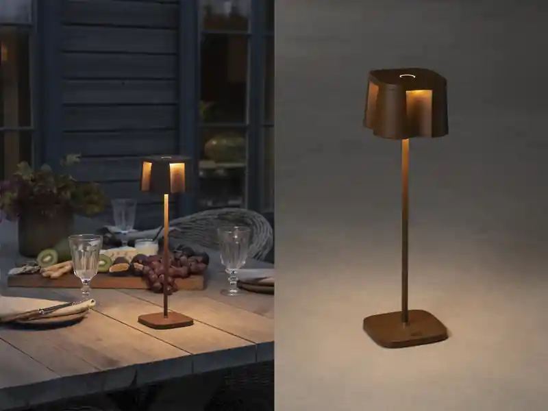 Markenware Konstsmide Wiederaufladbare LED Outdoor Tischleuchte NICE dimmbar in Rostoptik, Höhe 36cm